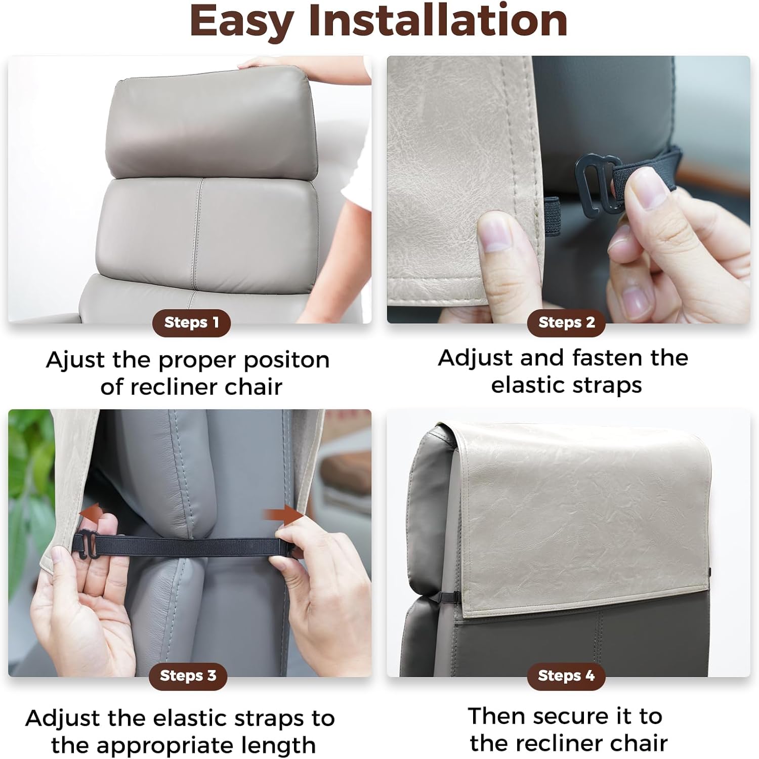 Headrest Cover for Recliner Chair Recliner Headrest Protector Faux Leather Headrest Cover with Elastic Straps Couch Headrest Covers for Furniture Sofa Protector 17 x 27In(Beige)